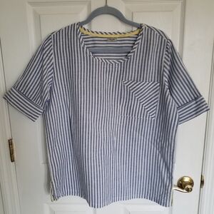 Cottagecore Linen Blend Short Sleeve Top Blue White Stripes Size Medium